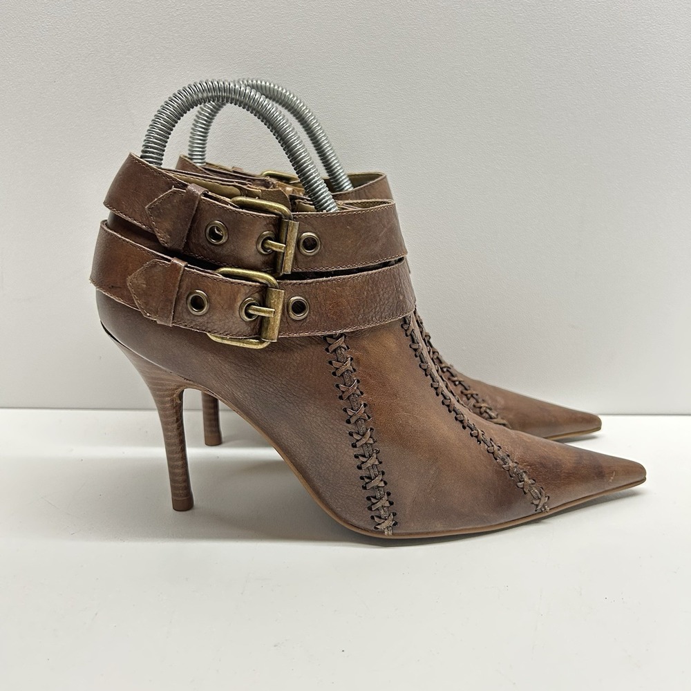 Carlos Santana Borderline Brown Leather Ankle Booties Heels Whipstitch Womens 7M - Picture 2 of 12